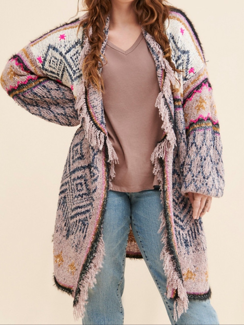 Pilcro Patterned Fringe Cardigan Sweater Small